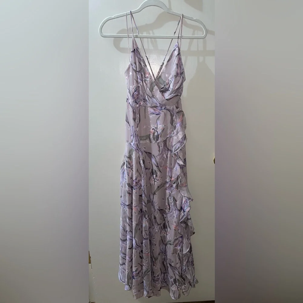 Astr The Label V-Neck Printed Holland Ruffled Cascade Maxi Dress Lilac - Picture 3 of 7